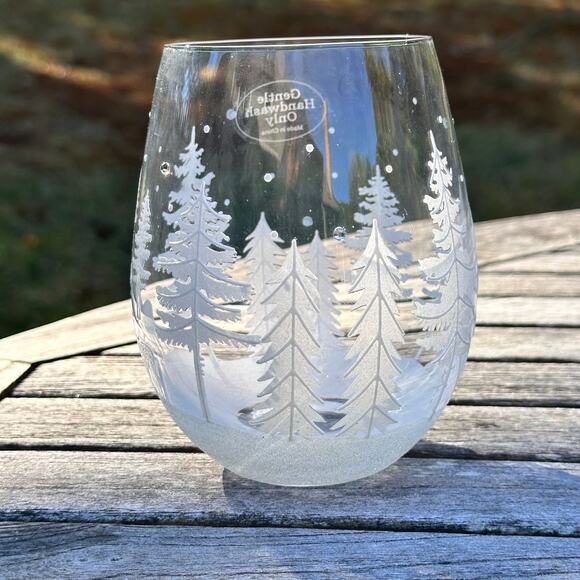 Christmas Tree & Reindeer Stemless Wine Glass 5” Frosted Winter Forest NEW - Picture 8 of 11